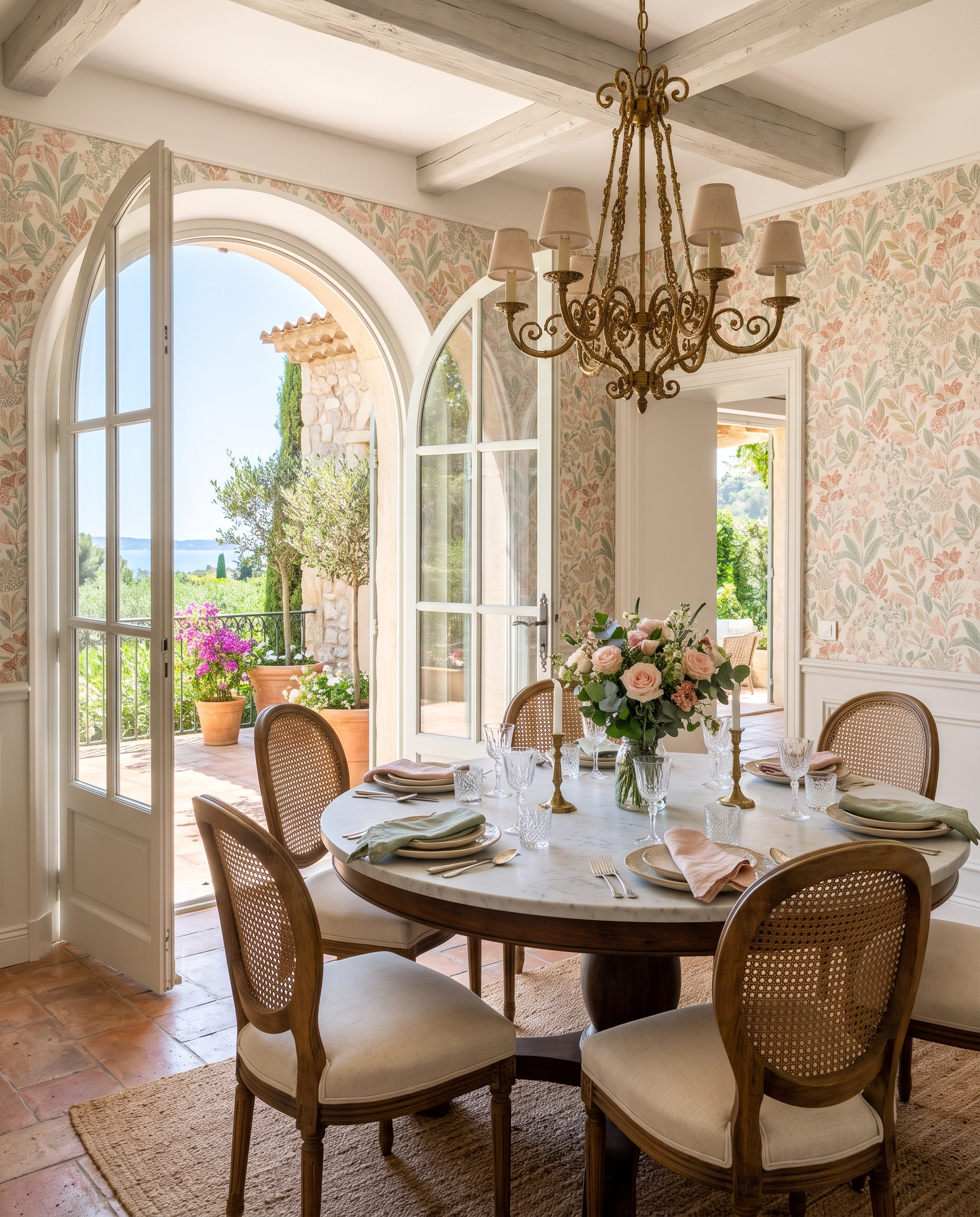 Dining room with a round marble table, rattan chairs and botanical wallpaper beside open French doors.