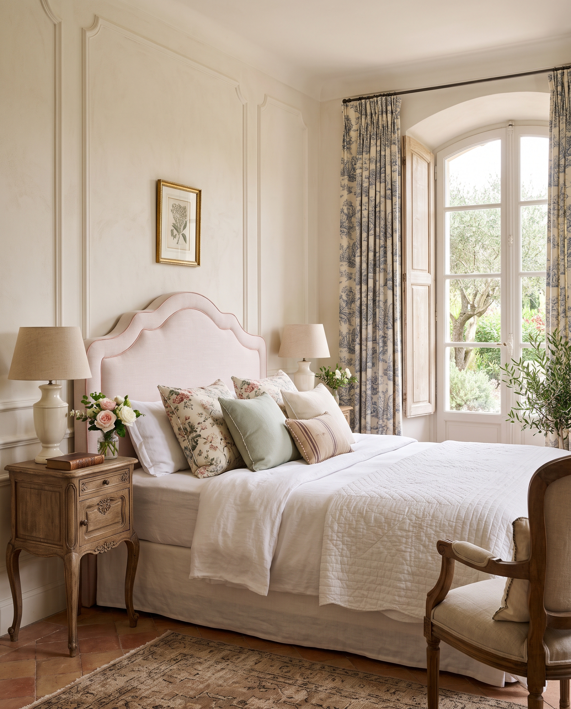 Bedroom with a blush linen headboard, floral toile curtains and morning light through tall shutters.