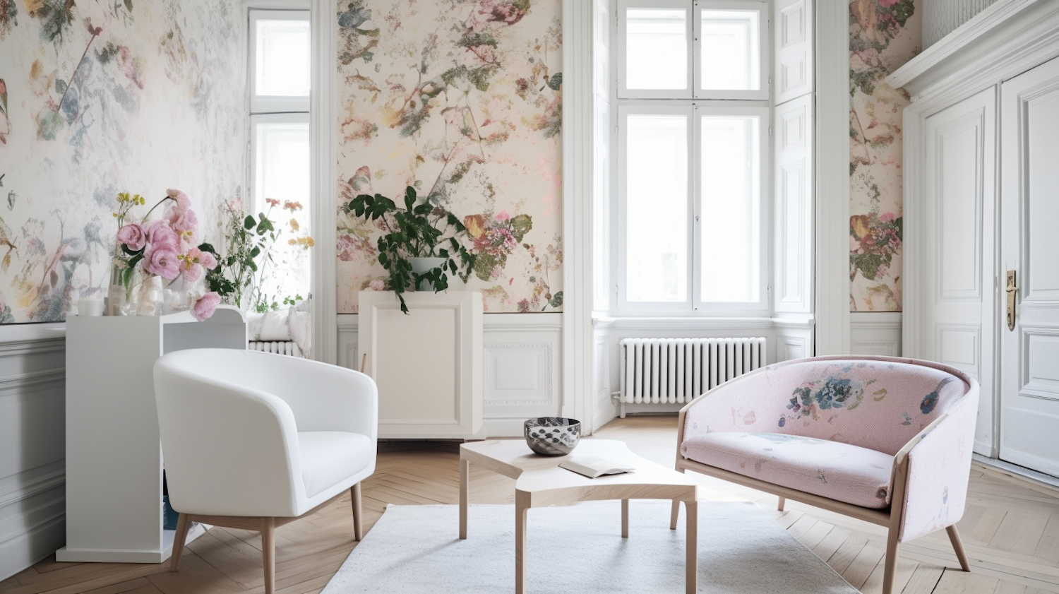 Living room with floral wallpaper, pastel furniture and natural light.
