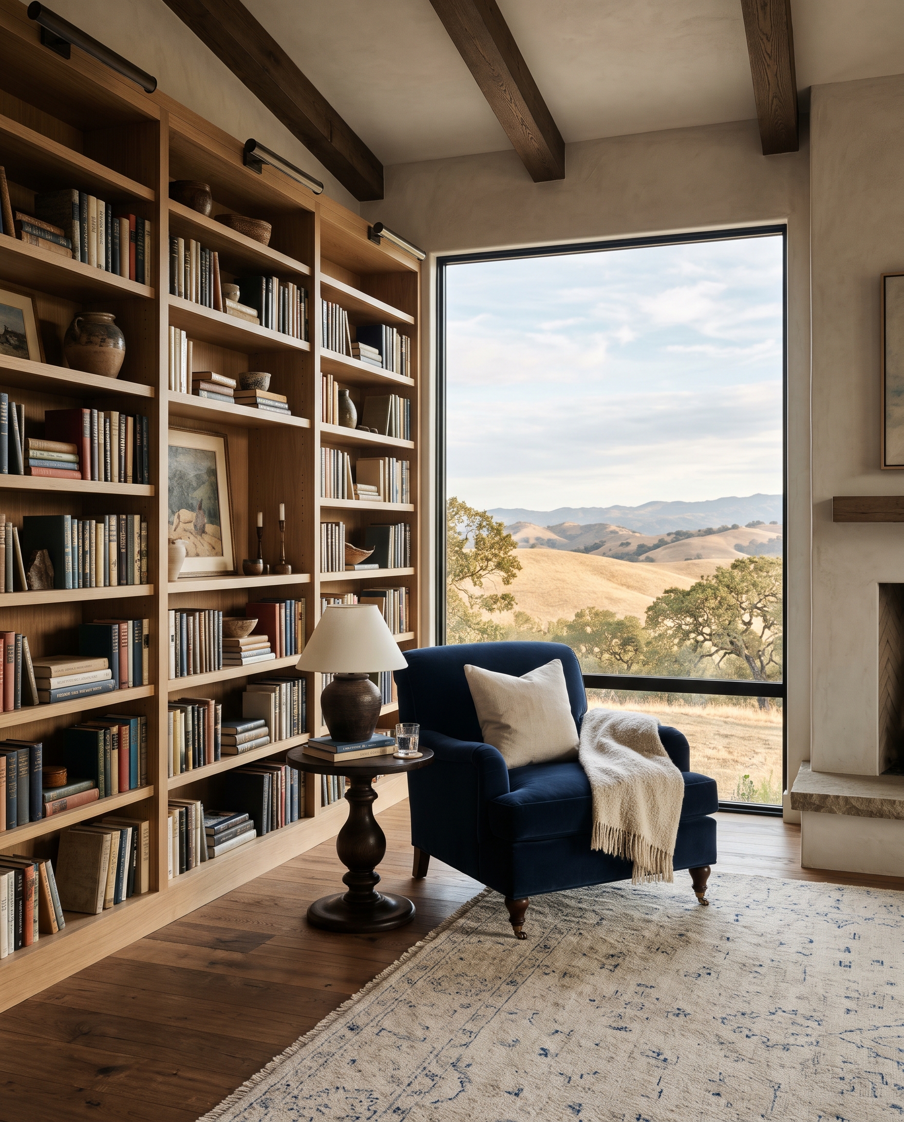 Library den with oak bookshelves, a navy velvet armchair and a wide view of golden hills.