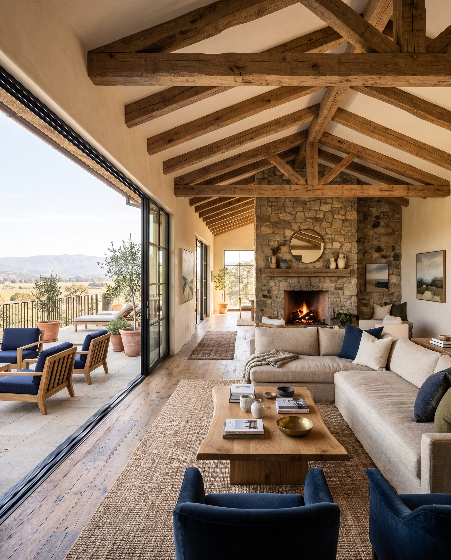 Living room with a beamed vaulted ceiling, a stone fireplace and glass doors to a valley view.