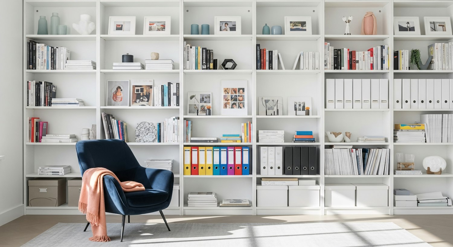 Living space with a navy armchair and a large white bookshelf.