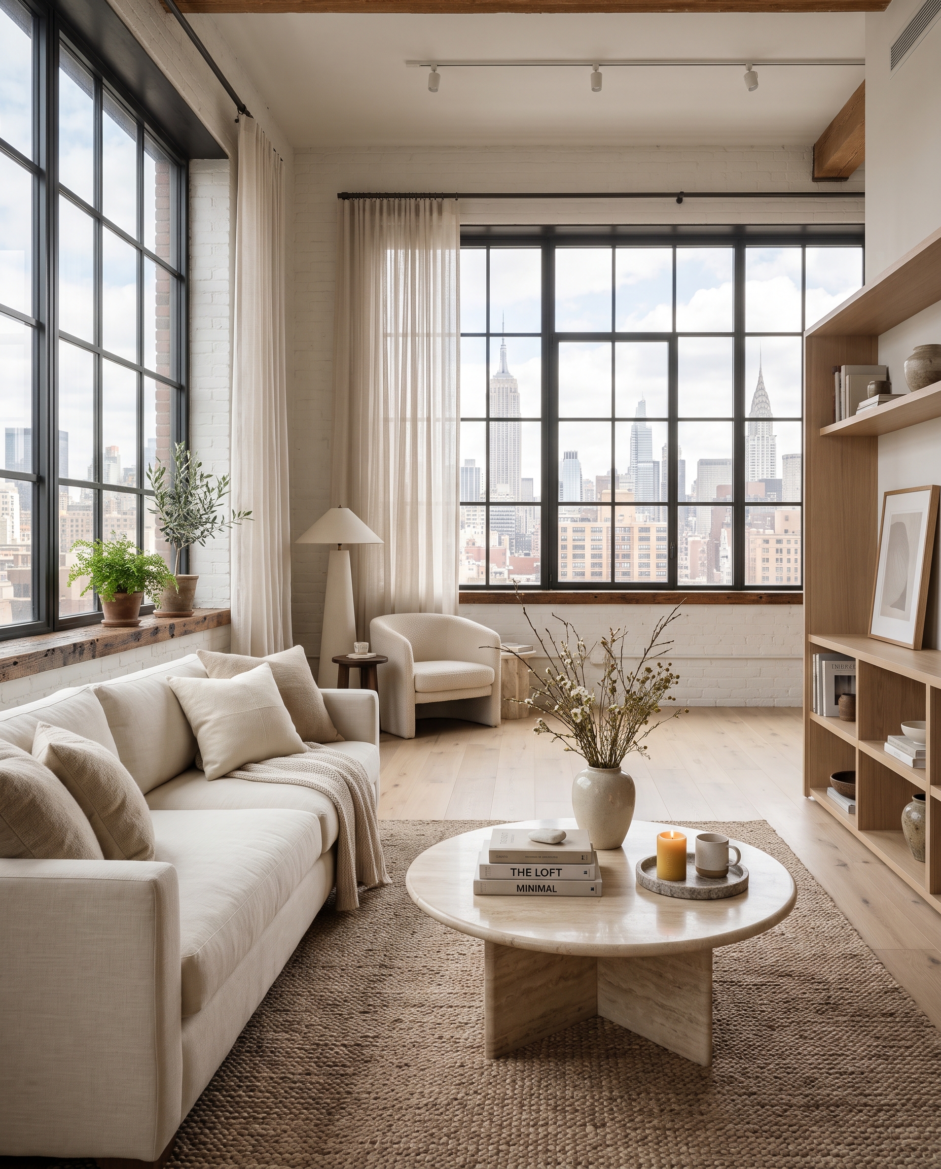 Loft living area with a cream linen sofa, travertine table and steel-framed windows over the city.