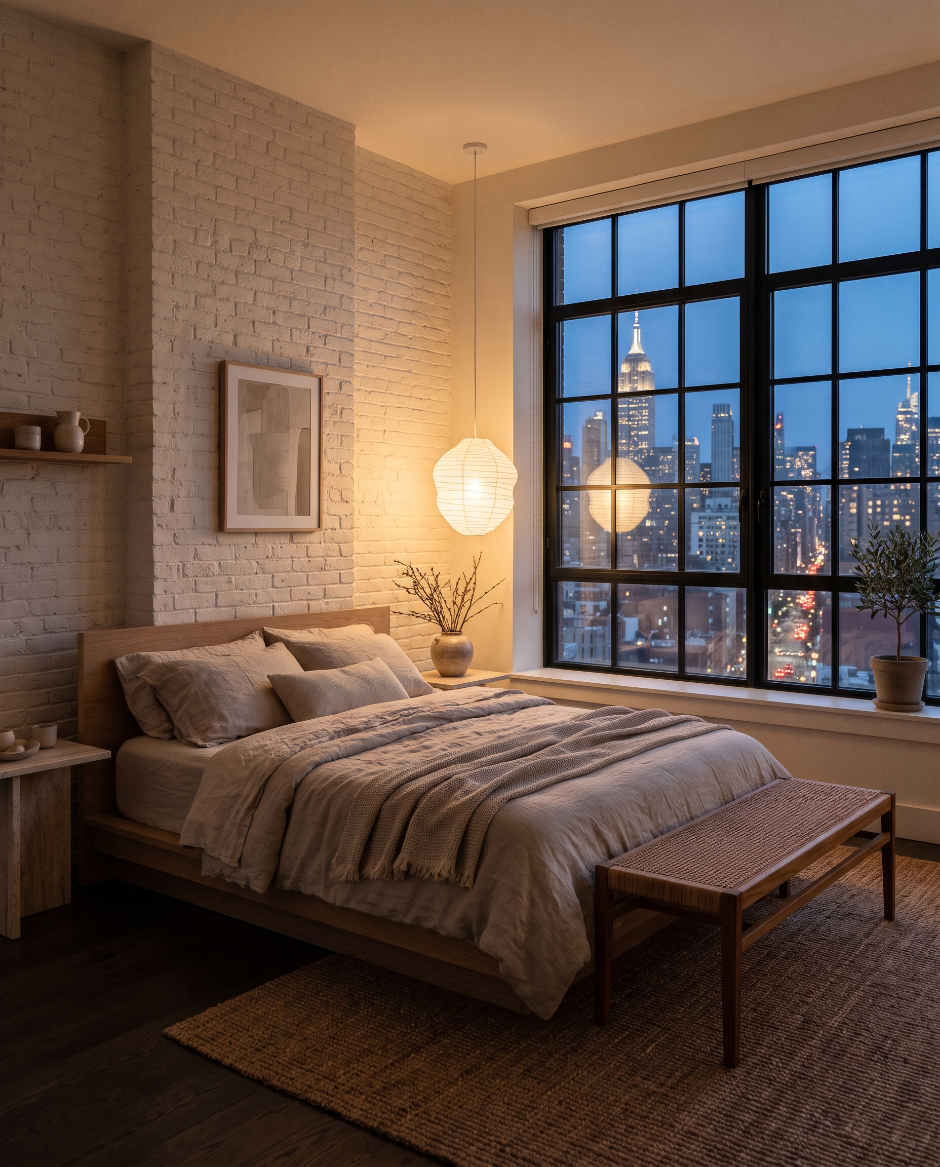 Loft bedroom with a linen platform bed and a glowing paper lamp at dusk.