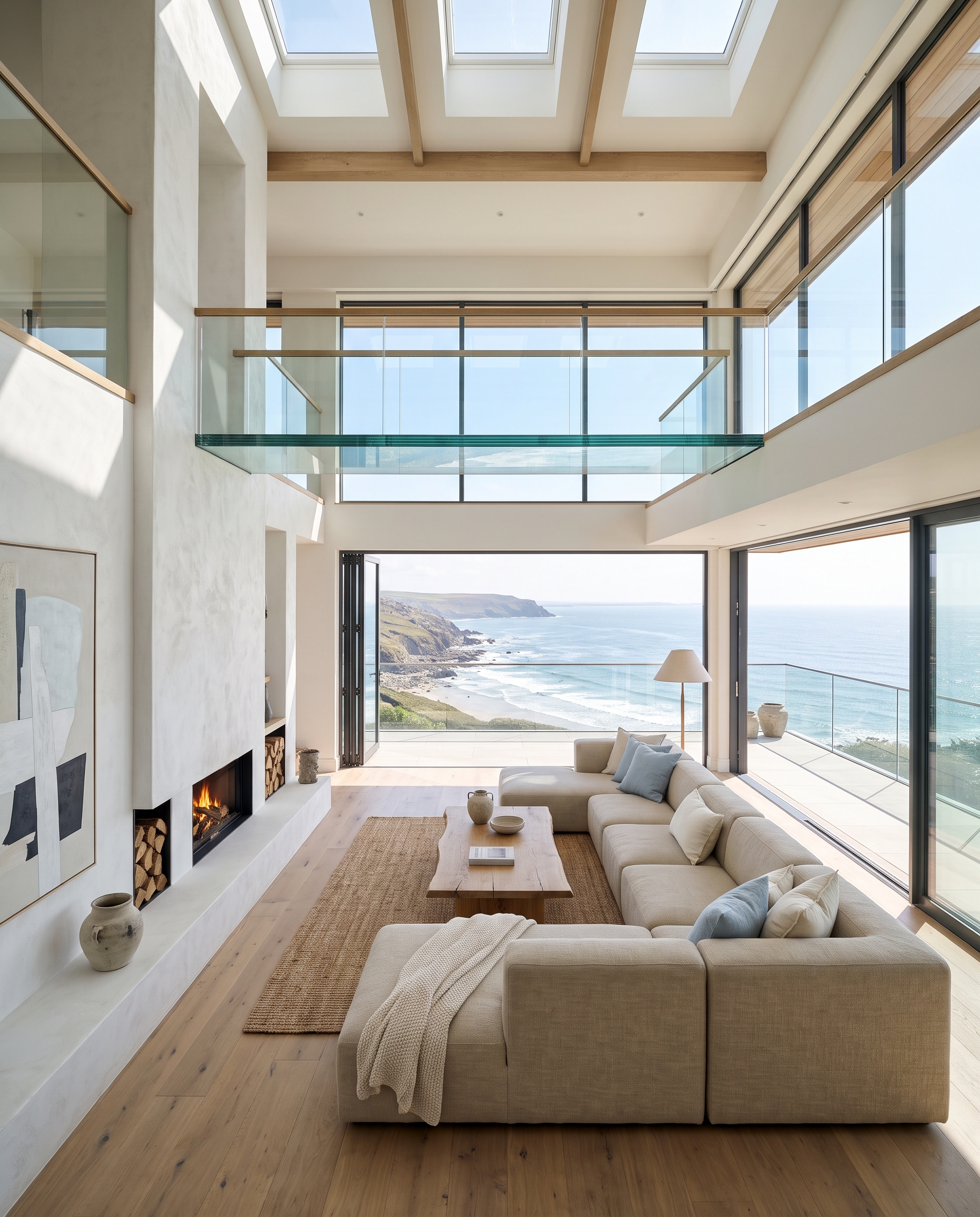Double-height living room with skylights, a glass walkway and ocean views.