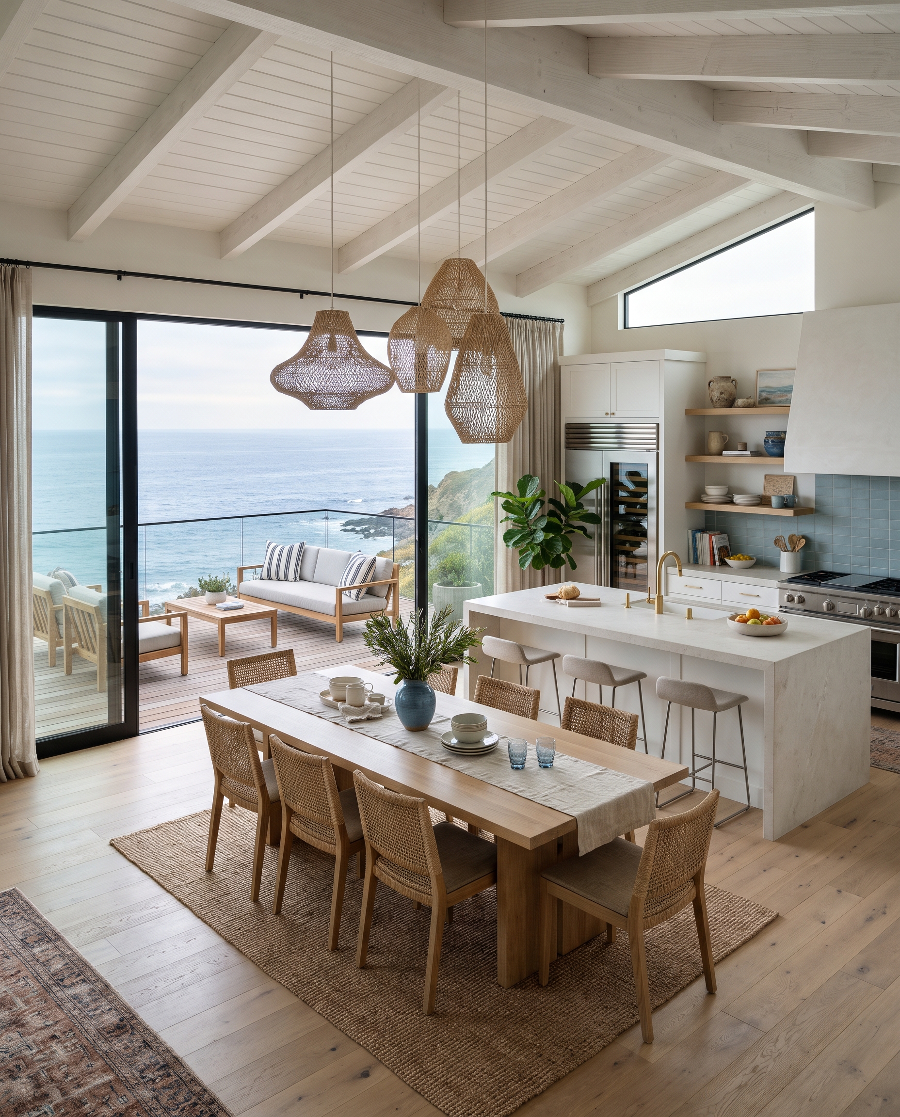 Open kitchen and dining room with an oak table and sliding doors to an ocean deck.