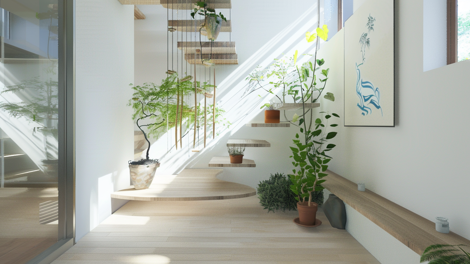 Floating wooden staircase with sunlight from large windows.