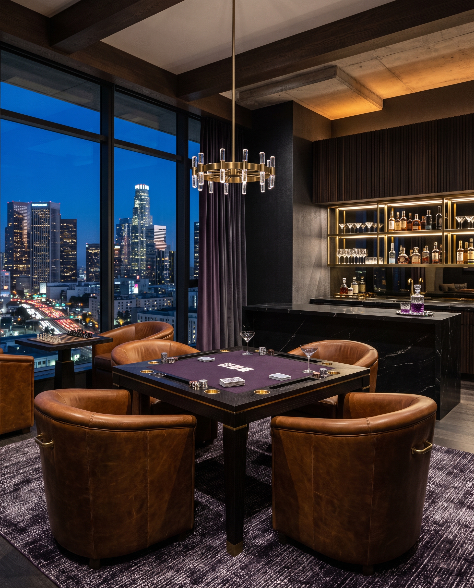 Game lounge with a card table, cognac leather chairs and a backlit bar above the city at dusk.