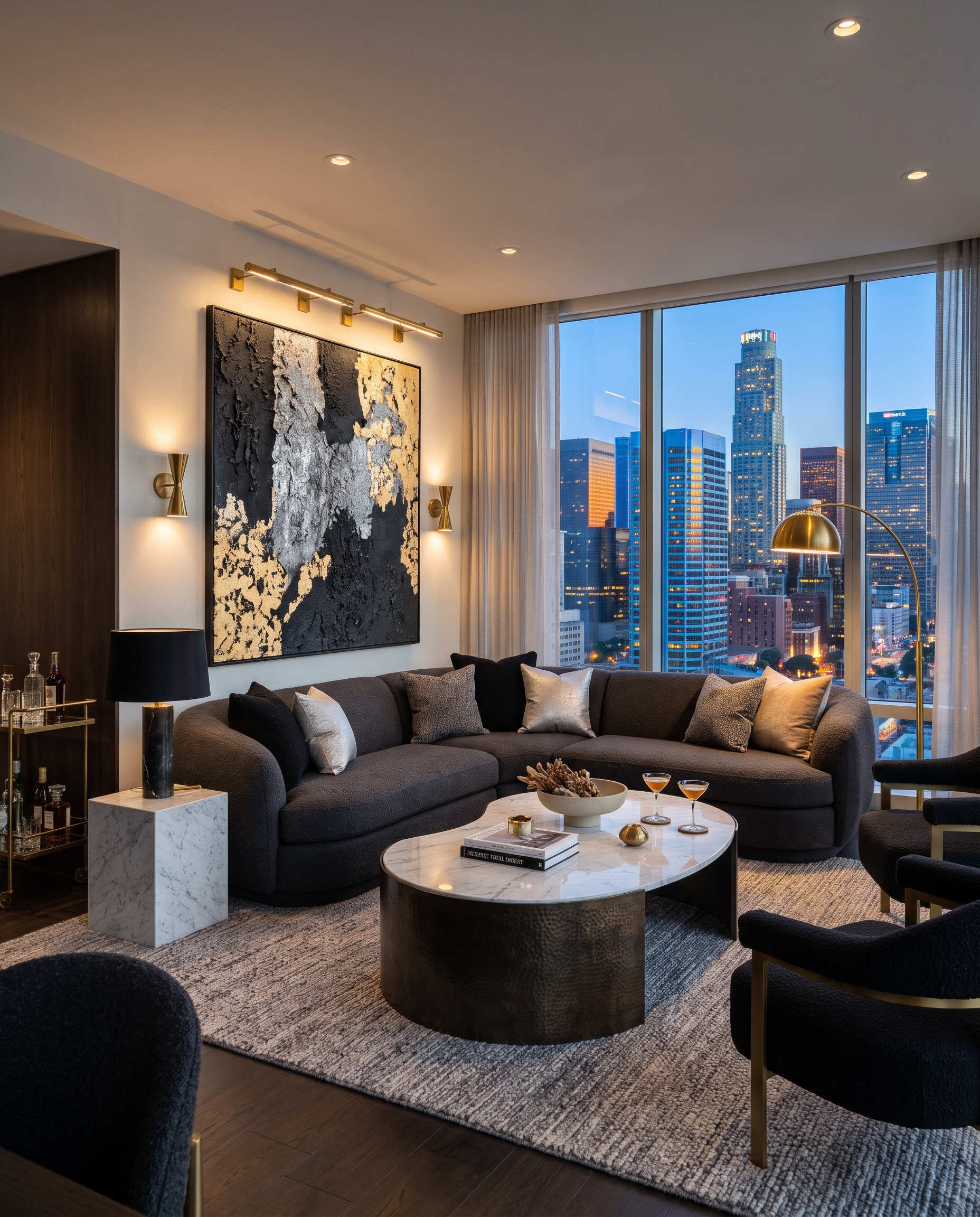 High-rise living room with a curved charcoal sofa and a glowing city skyline.