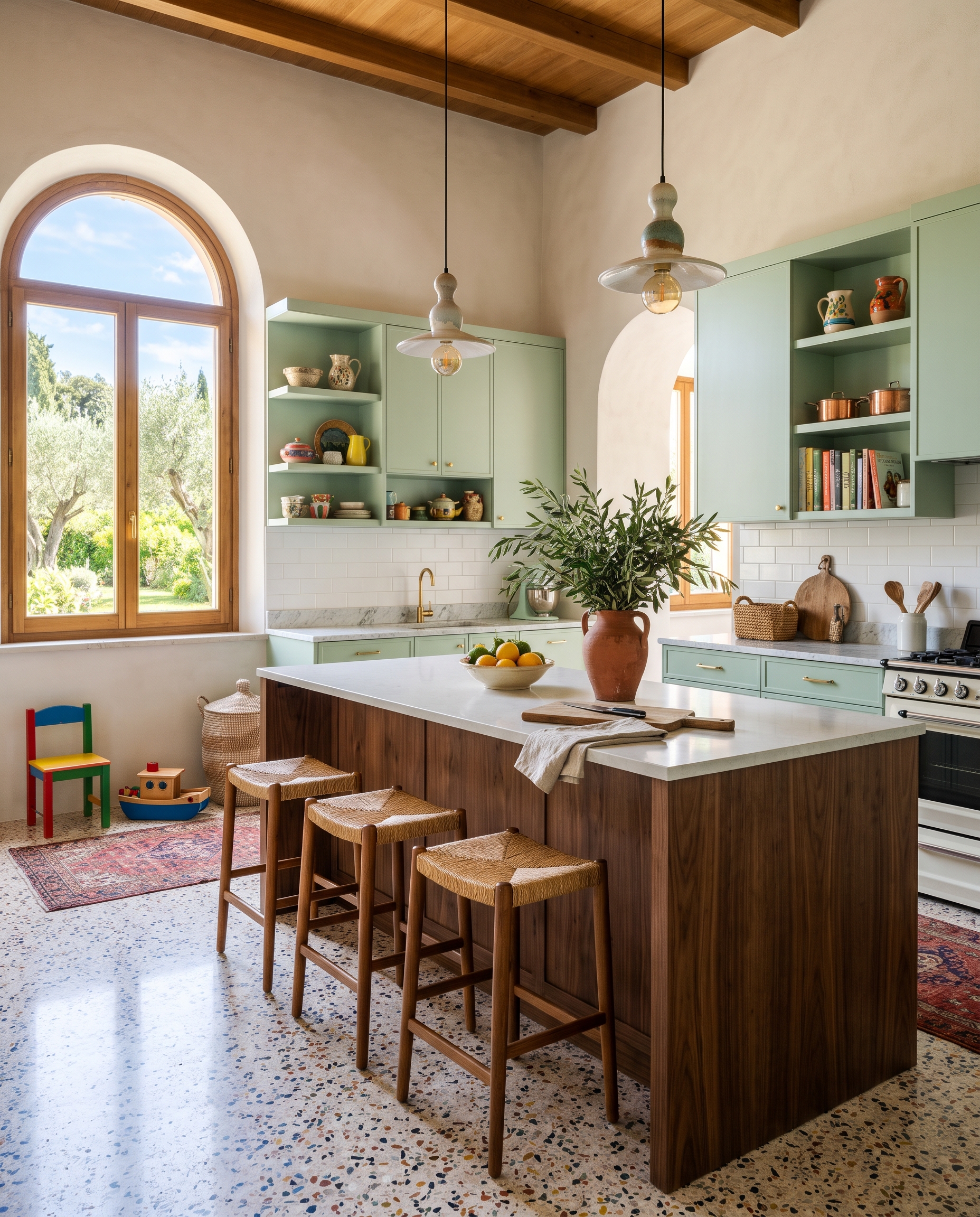 Bright kitchen with a terrazzo floor, arched windows, pastel green cabinets and a walnut island.