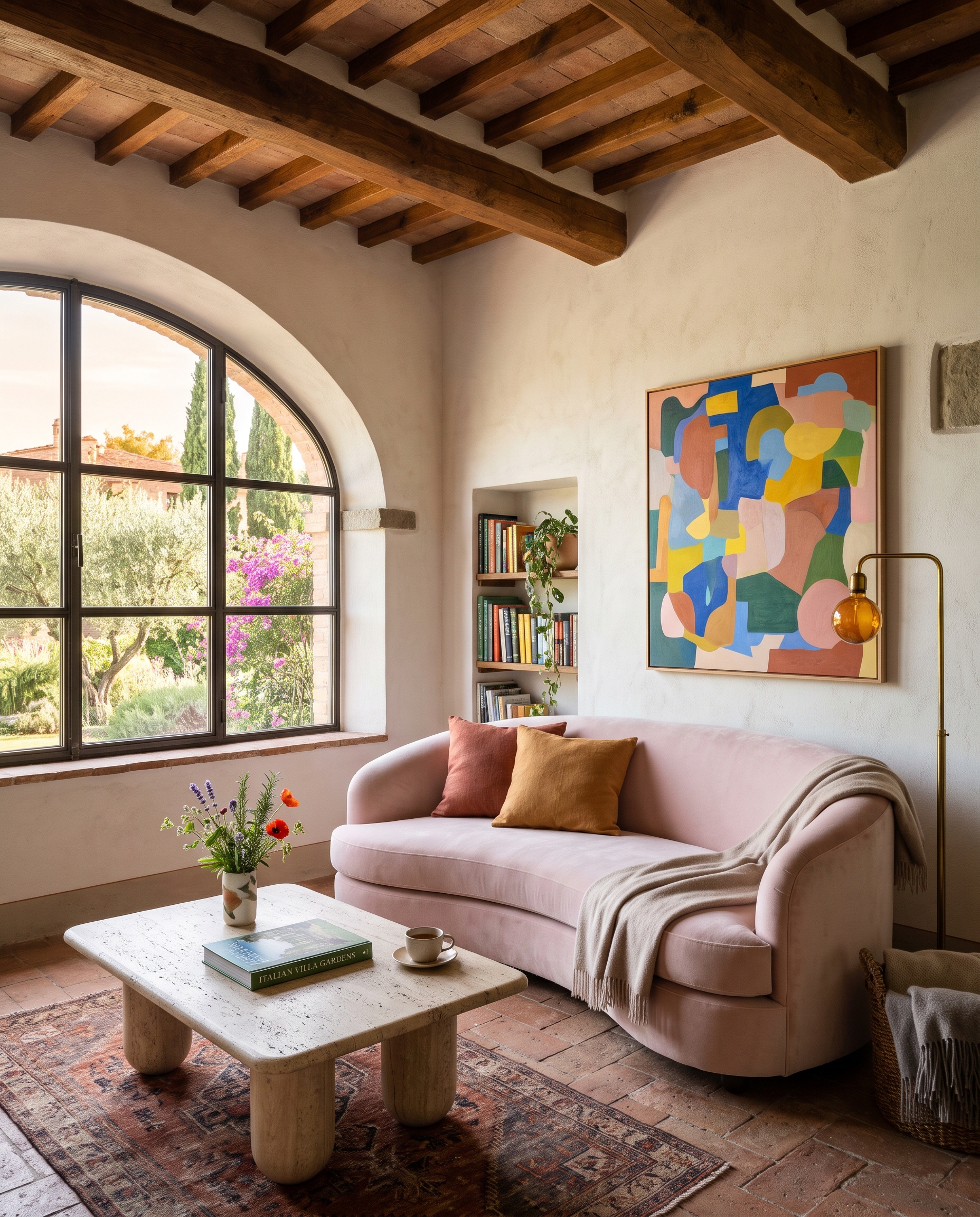 Reading nook with wood beams, a curved pink velvet sofa and colorful abstract art.