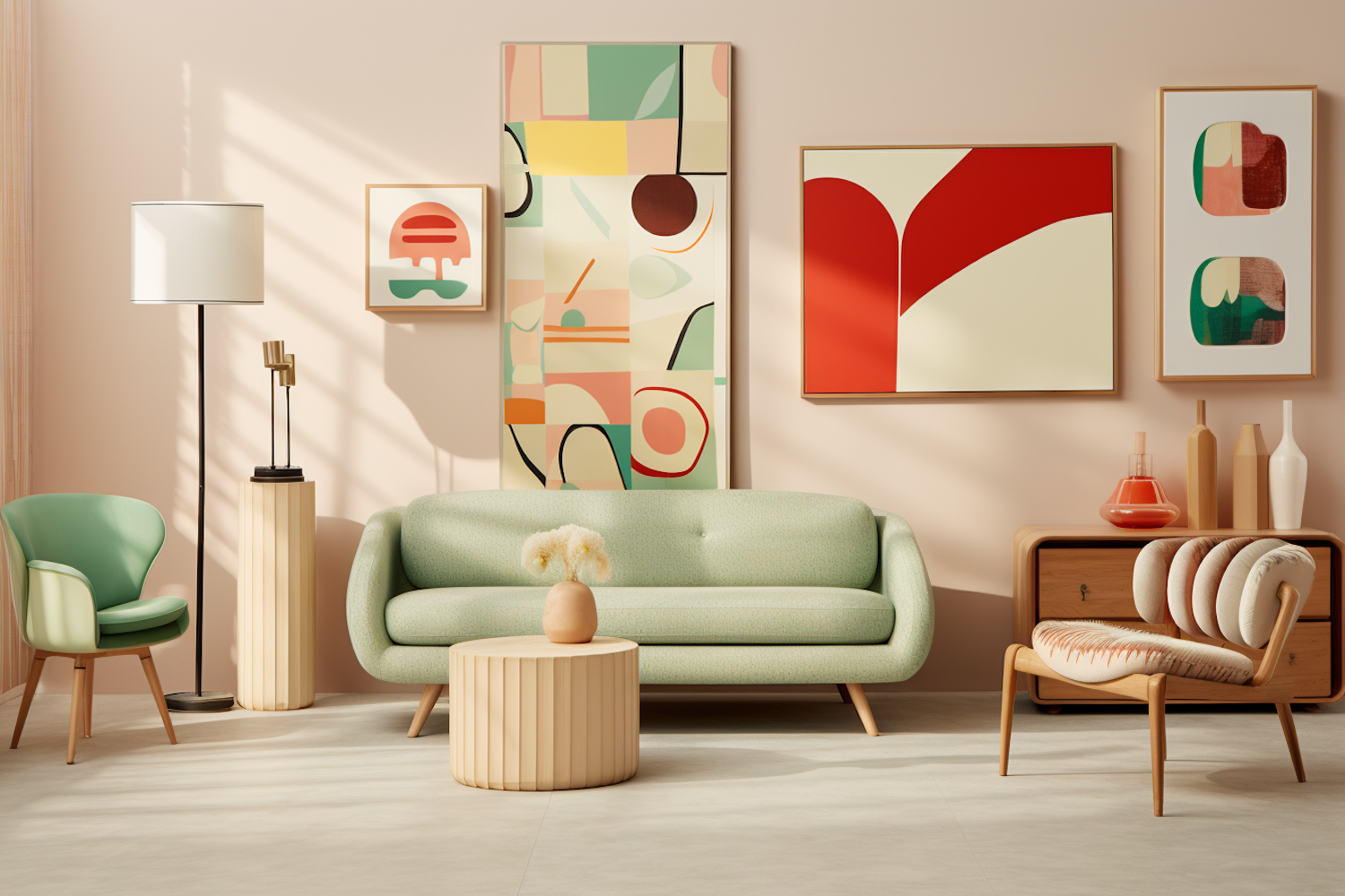 Living room with pastel furniture, abstract wall art and mid-century pieces.