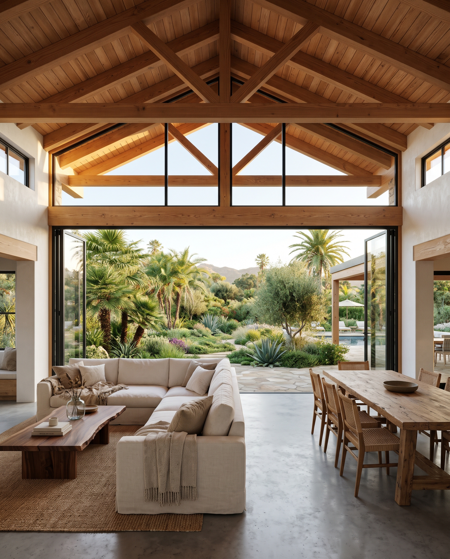 Vaulted great room with timber ceiling and folding doors open to a garden.