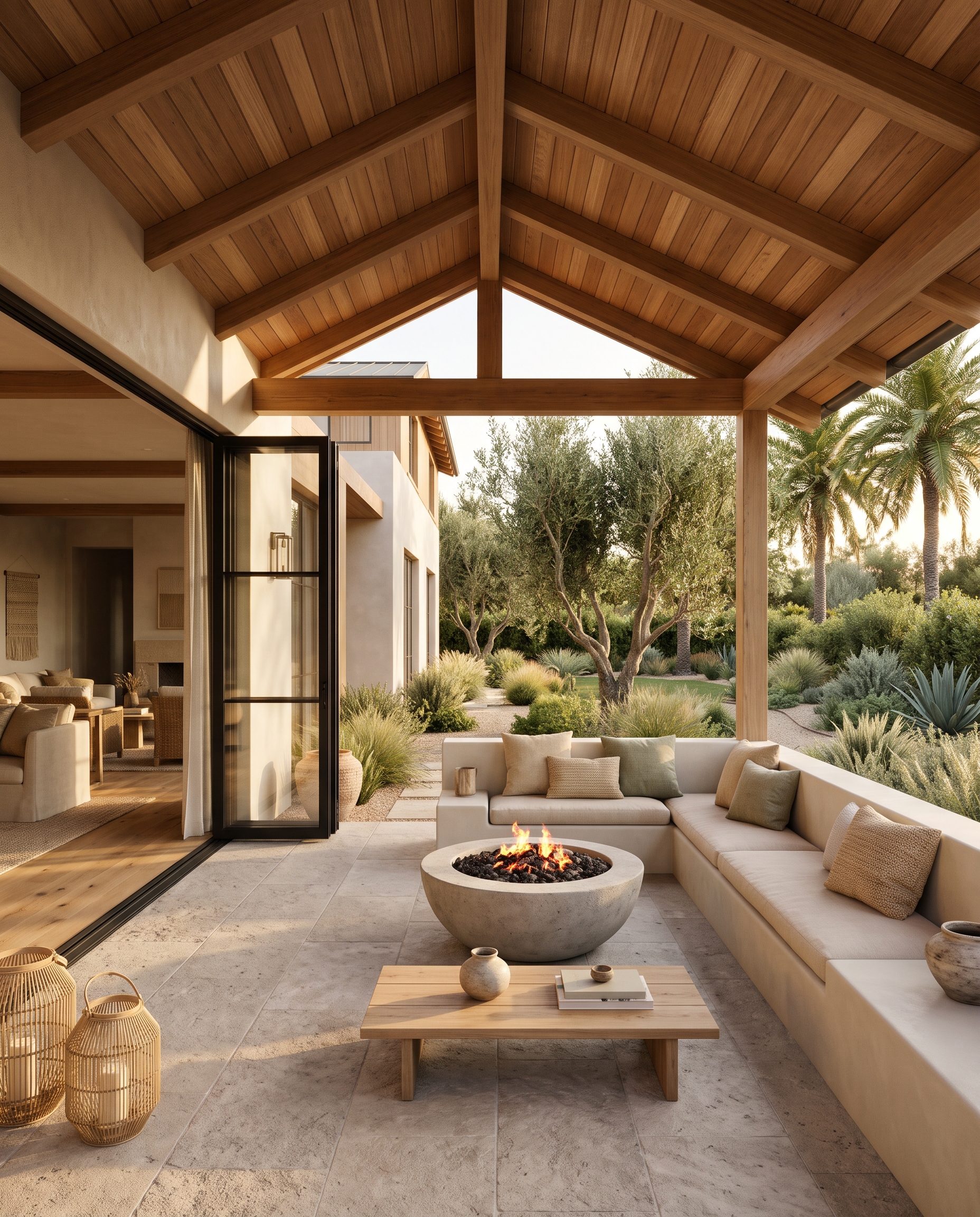 Covered outdoor terrace with a plaster bench, fire pit and olive trees.