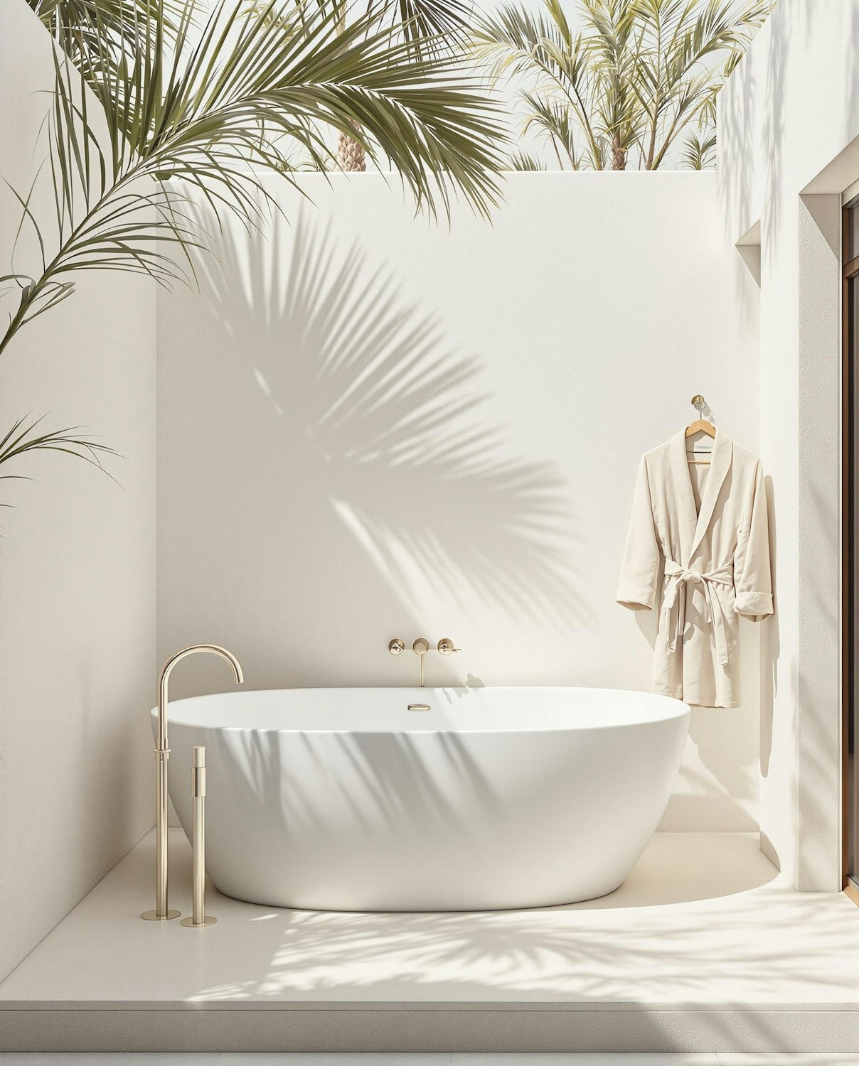 Outdoor bathroom with a white tub, golden fixtures and palm shadows.