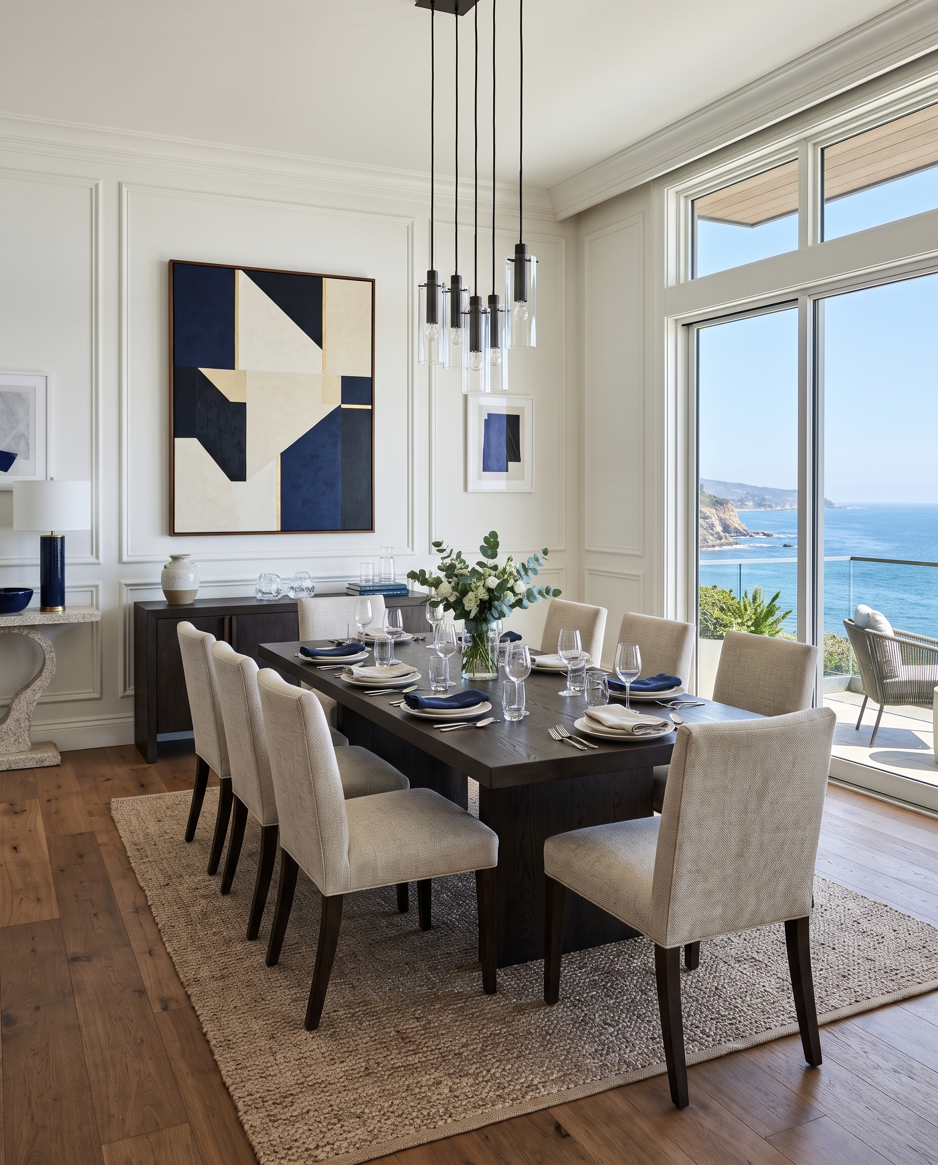 Dining room with classic moldings, an oak table and tall windows facing the Pacific.