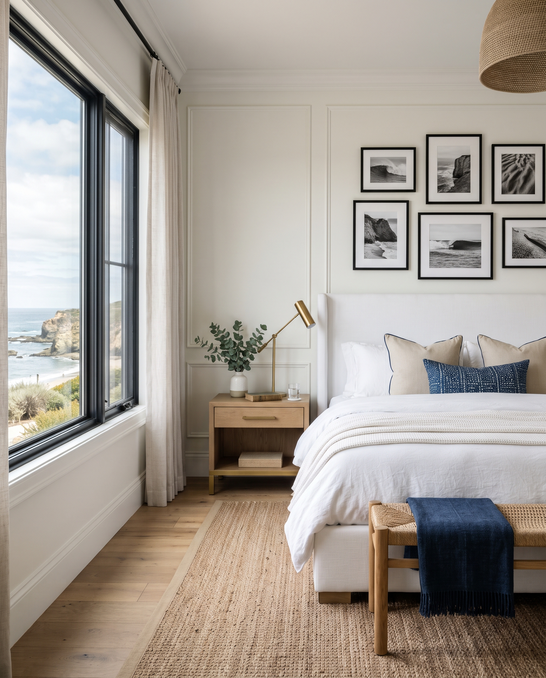 Bedroom with a tailored white bed, paneled walls and a glimpse of the ocean.