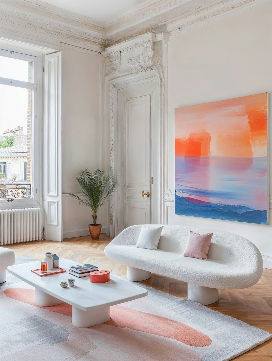Living room with a white sofa, abstract art and elegant moldings.